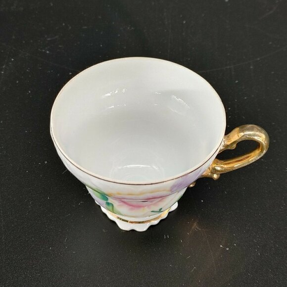 Vintage White Pink Floral Porcelain Golden Rim Footed Tea Cup With Handle - Picture 7 of 10